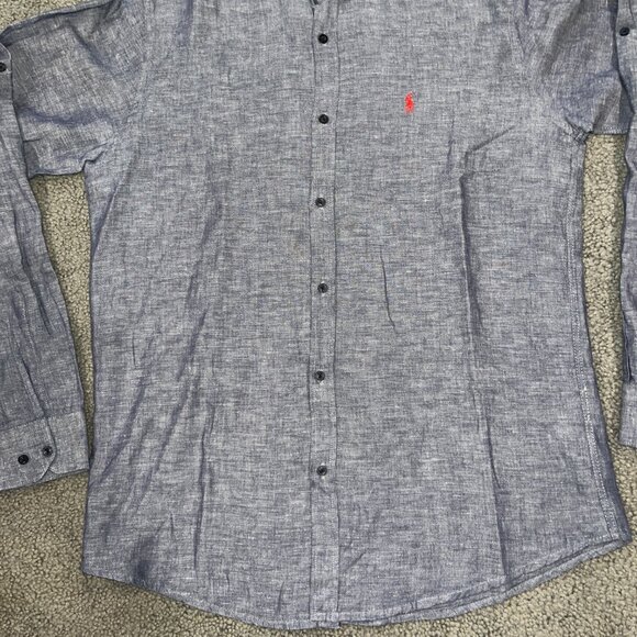 Polo Ralph Lauren Men's Sz Large Slim Fit 100% Linen Chambray Shirt Red Pony EUC - Picture 3 of 12